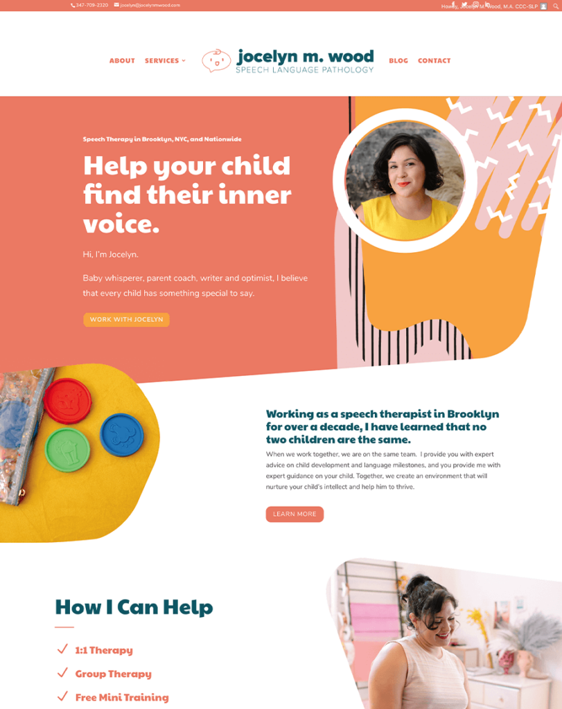 Speech therapy practice website in Brooklyn with 'Help your child find their inner voice' messaging
