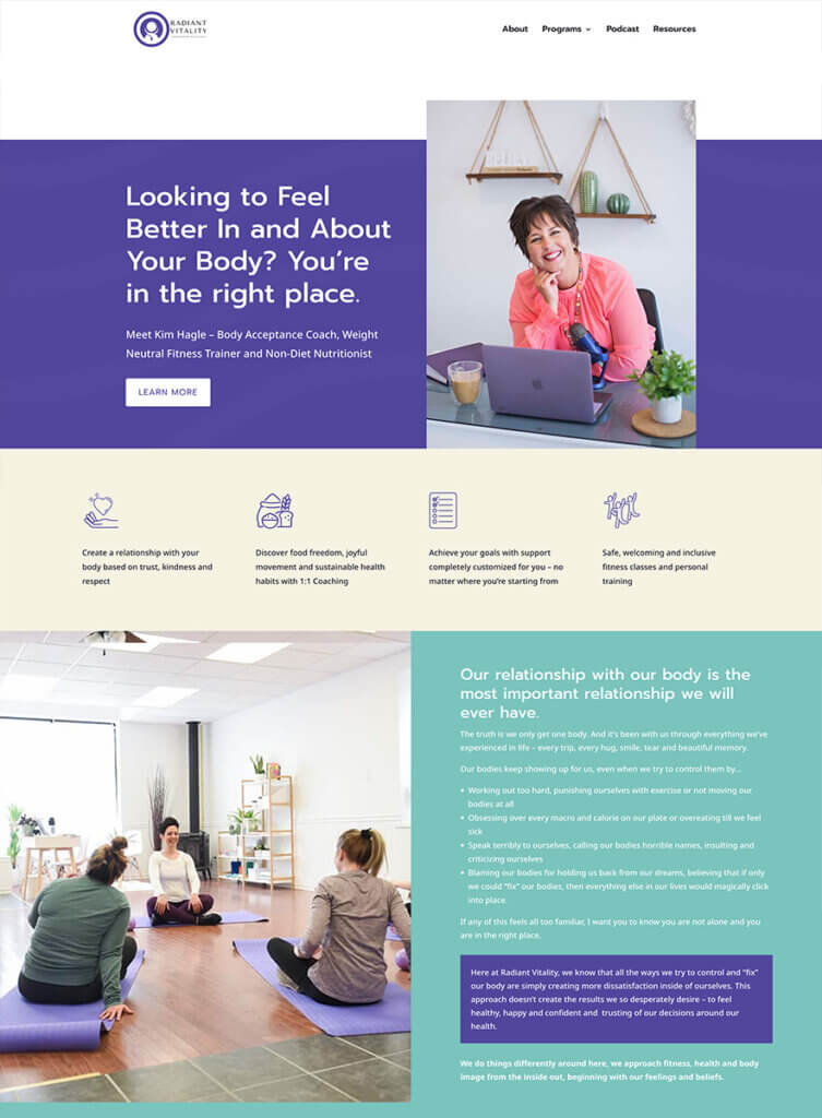 "Body image and wellness practice website with 'Looking to feel better in and about your body?' messaging