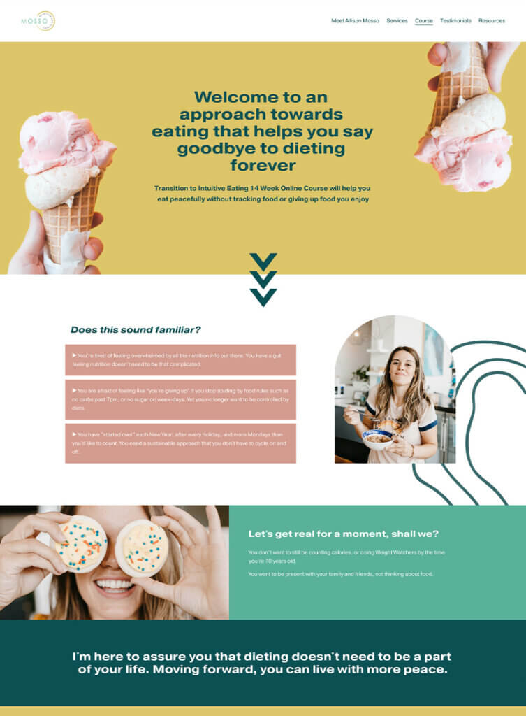 Intuitive eating and anti-dieting coach website with 'say goodbye to dieting forever' messaging