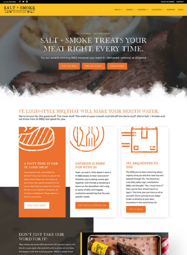 St. Louis-style BBQ e-commerce website with 'Salt + smoke treats your meat right' messaging