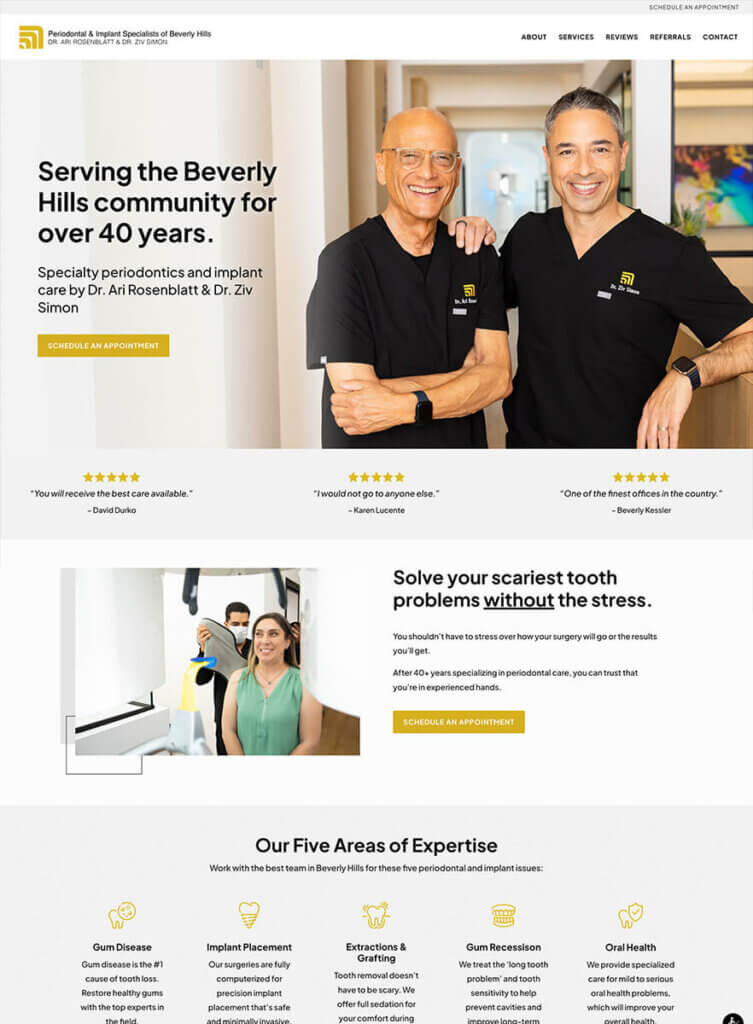 Beverly Hills periodontics practice website featuring Dr. Ari Rosenblatt and Dr. Ziv Simon, an Alpharetta web design portfolio piece