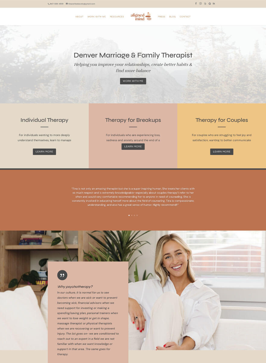 Denver marriage and family therapist website with individual, couples, and teen therapy service cards