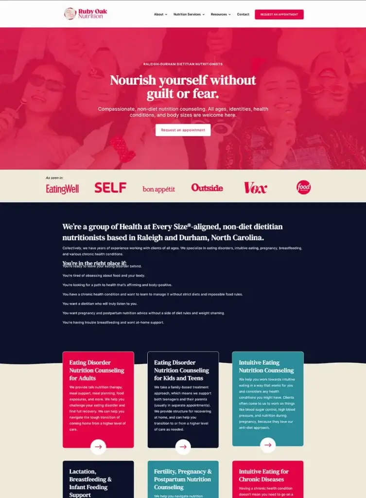 Website design for healthcare dietitian practice homepage with 'Nourish yourself without guilt or fear' messaging
