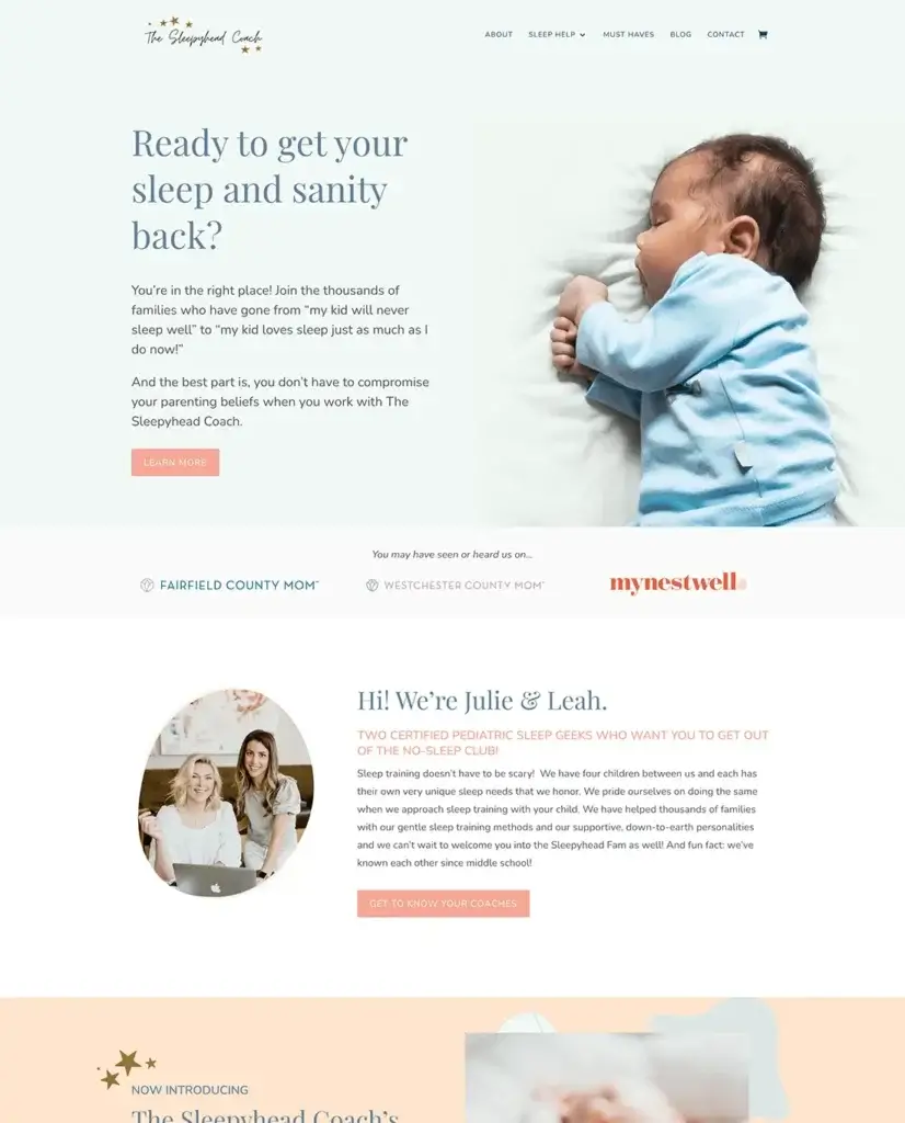 Sleep consulting website for new parents featuring a sleeping baby and the Sleepyhead Coach team