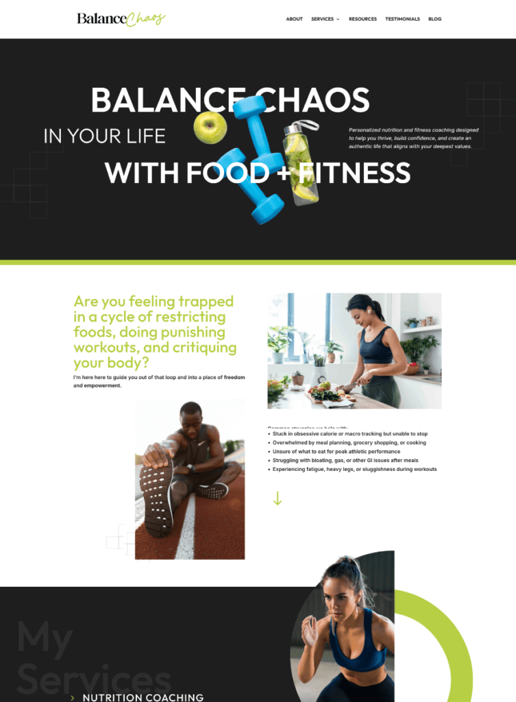 Balance Chaos website helping clients break the cycle of restricting food and punishing workout