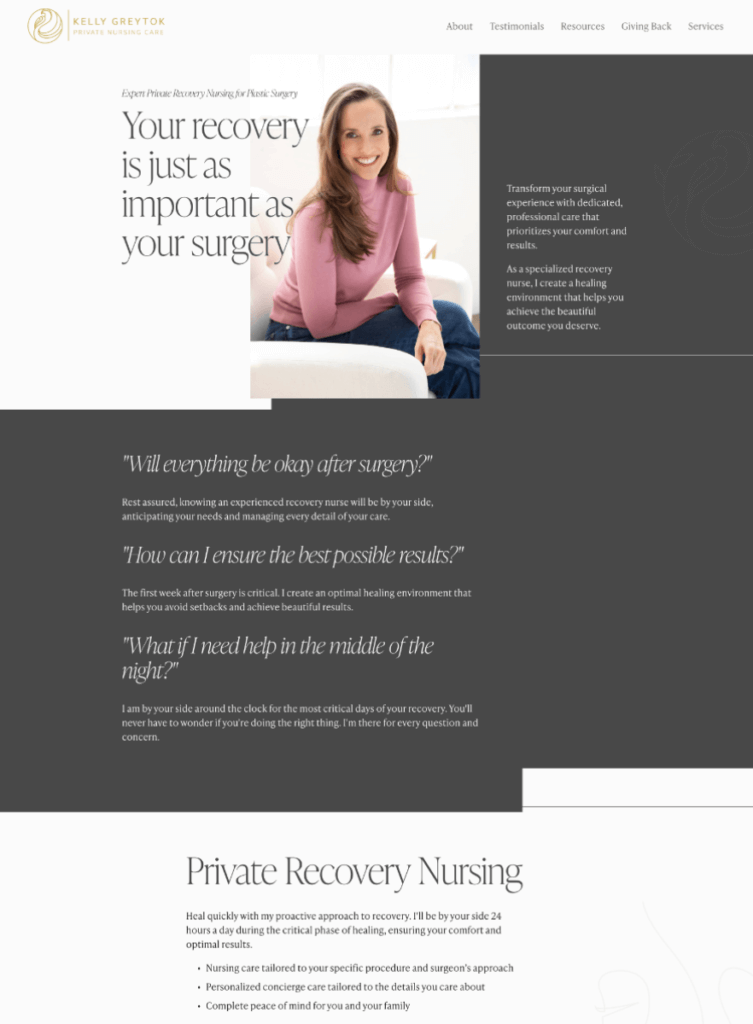 Plastic surgery practice website answering patient questions about recovery and results