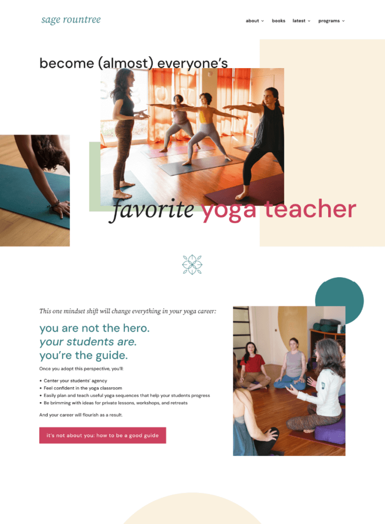 Yoga teacher training website with 'you are not the hero, your students are' messaging
