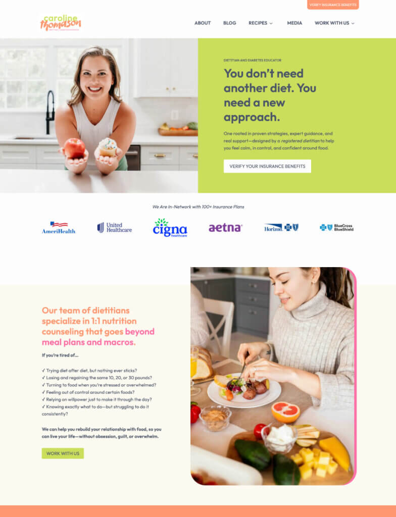 Website design for healthcare professionals portfolio example — nutrition and dietitian practice website