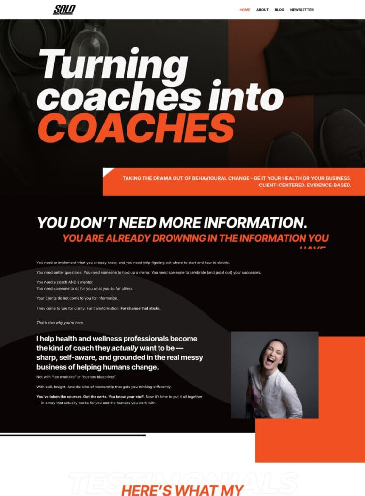 Coaching website for health and wellness professionals with 'Turning coaches into coaches' messaging