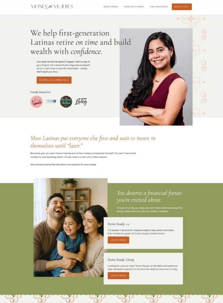 Financial planning website for Latina professionals, with 'build wealth with confidence' messaging