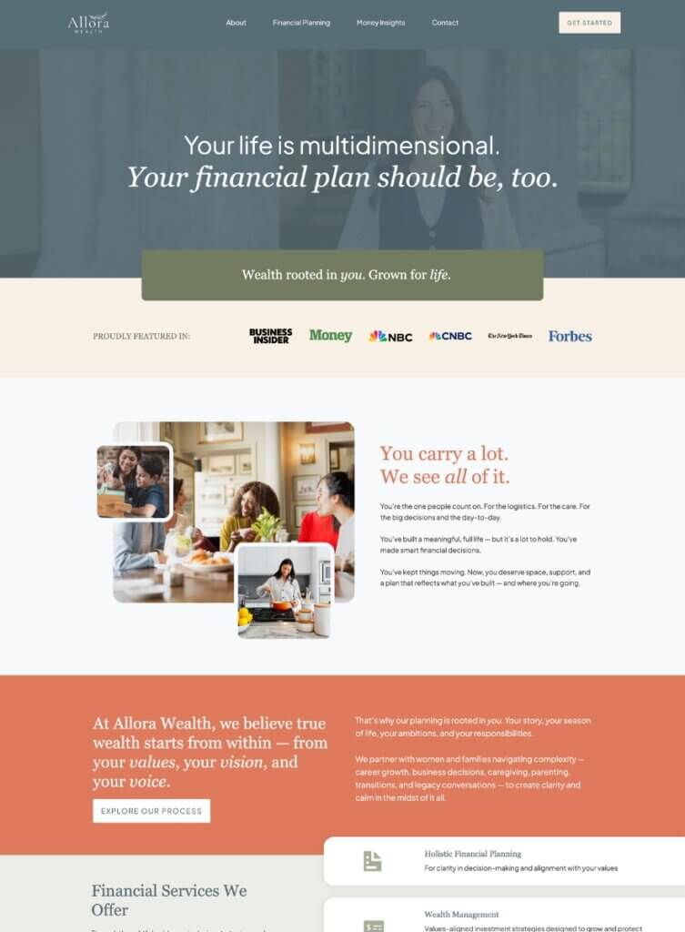Financial planning website for a multidimensional life, with press logos and client photography