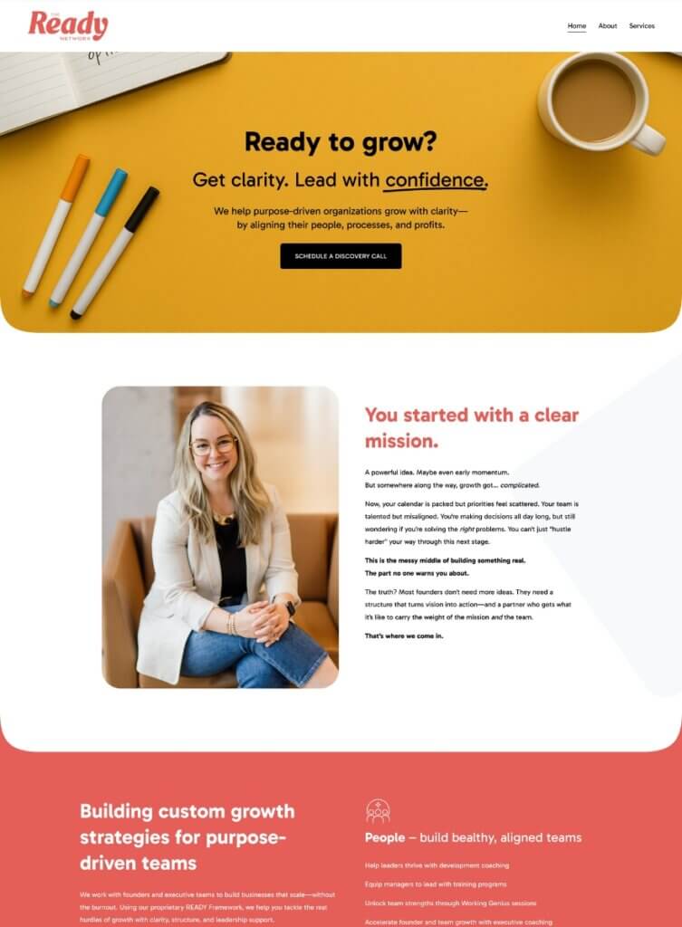 Leadership consulting website with 'Ready to grow? Get clarity, lead with confidence' messaging