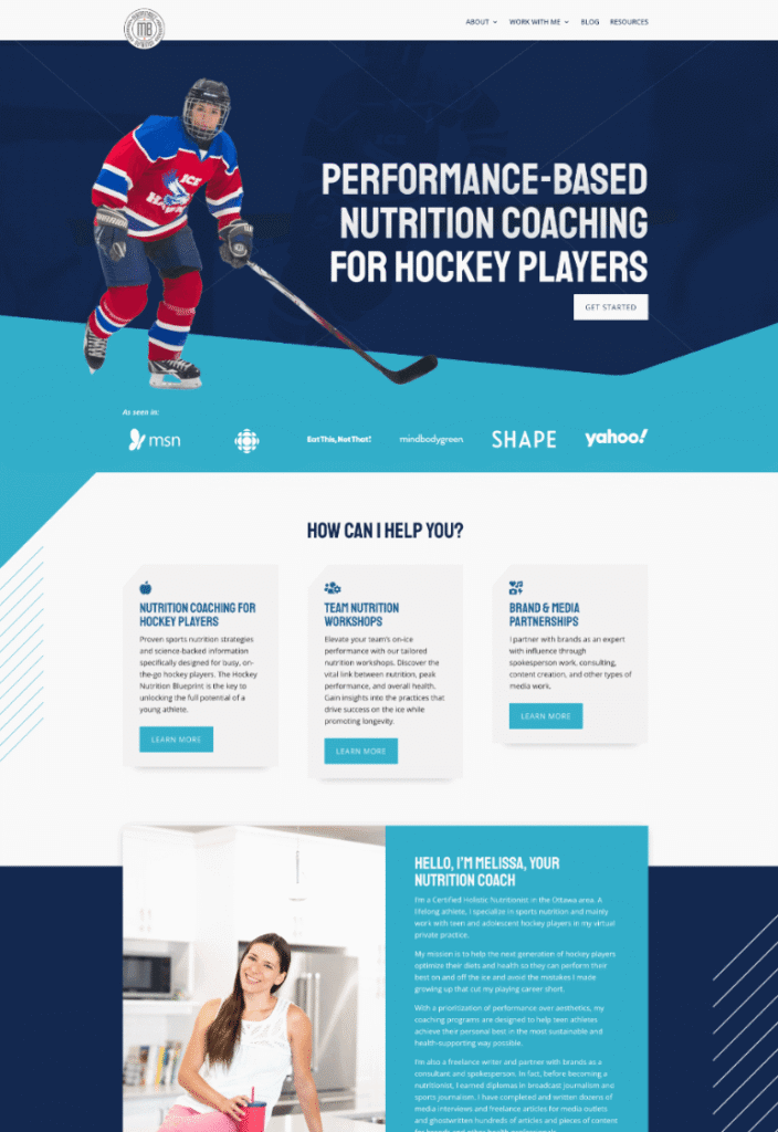 Sports nutrition coaching website, an example of website design for healthcare professionals by Jess Creatives