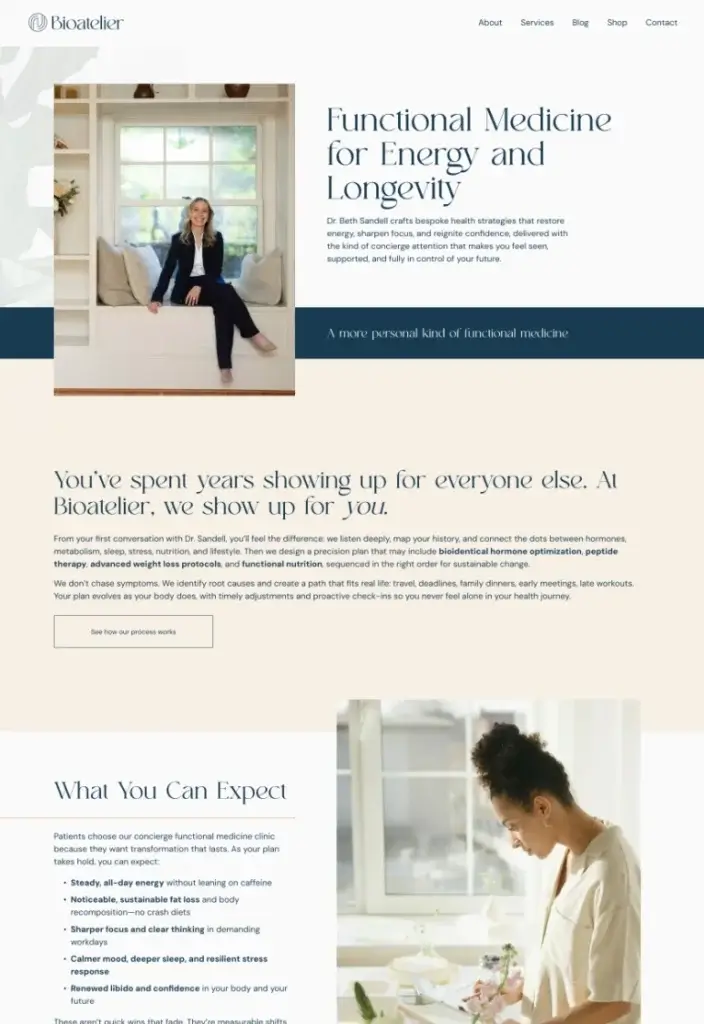 Bioatelier functional medicine website for energy and longevity, featuring Dr. Beth Sandell