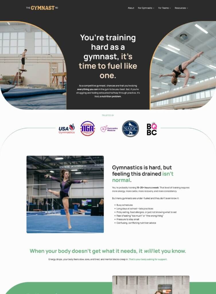 Sports nutrition website for competitive gymnasts with USA Gymnastics and NAGC credentials