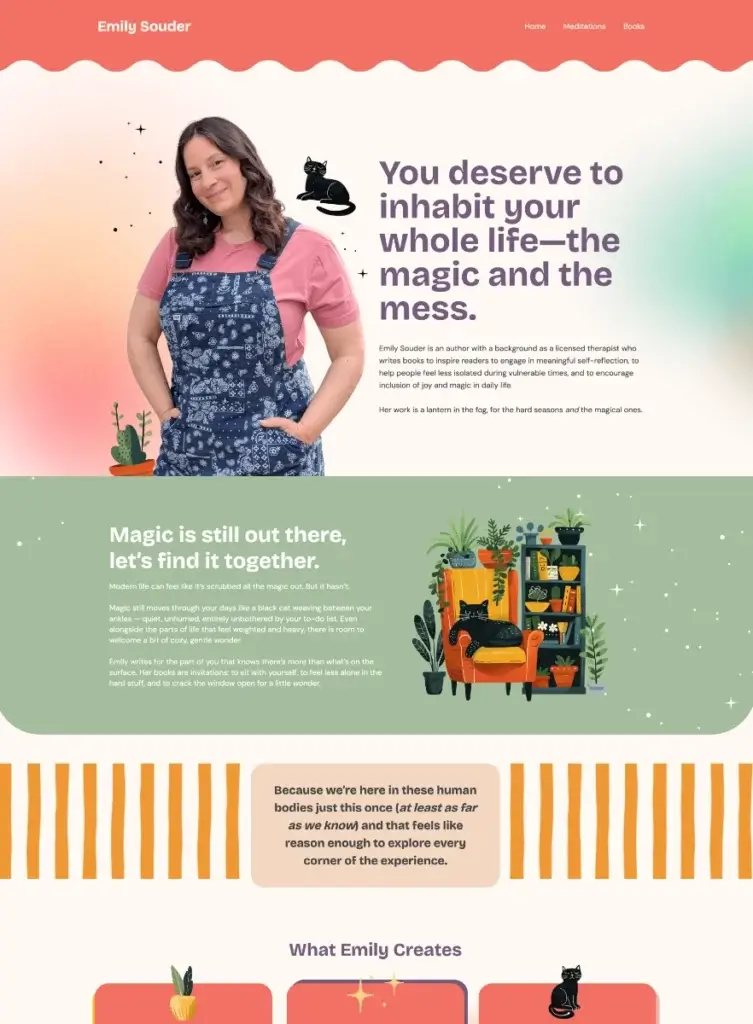 Personal brand website with 'You deserve to inhabit your whole life' messaging and illustrated accents
