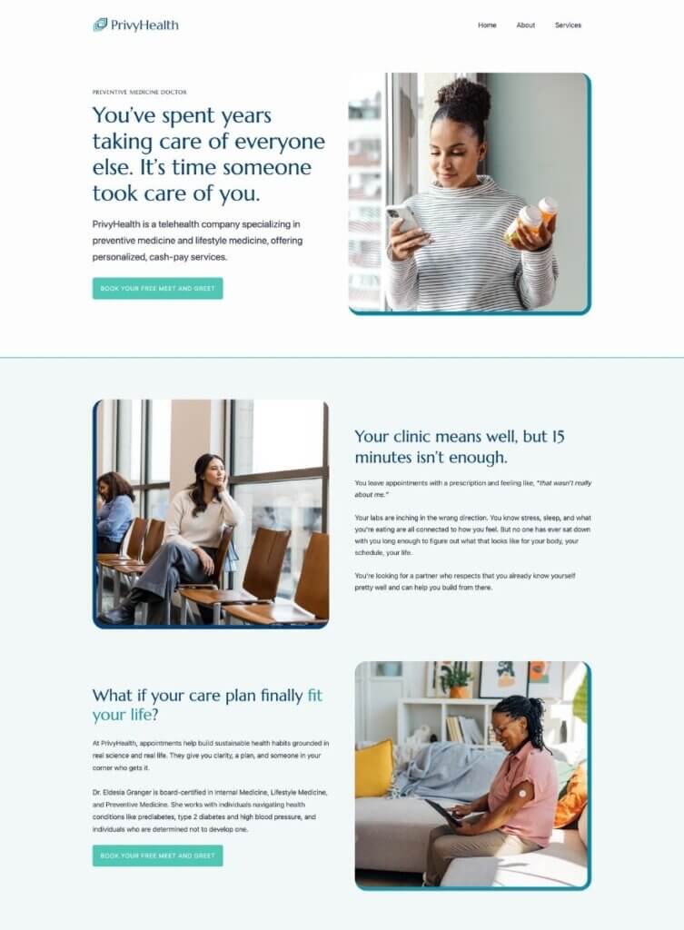 Concierge medicine website homepage promising care plans and short wait times, a healthcare website design example