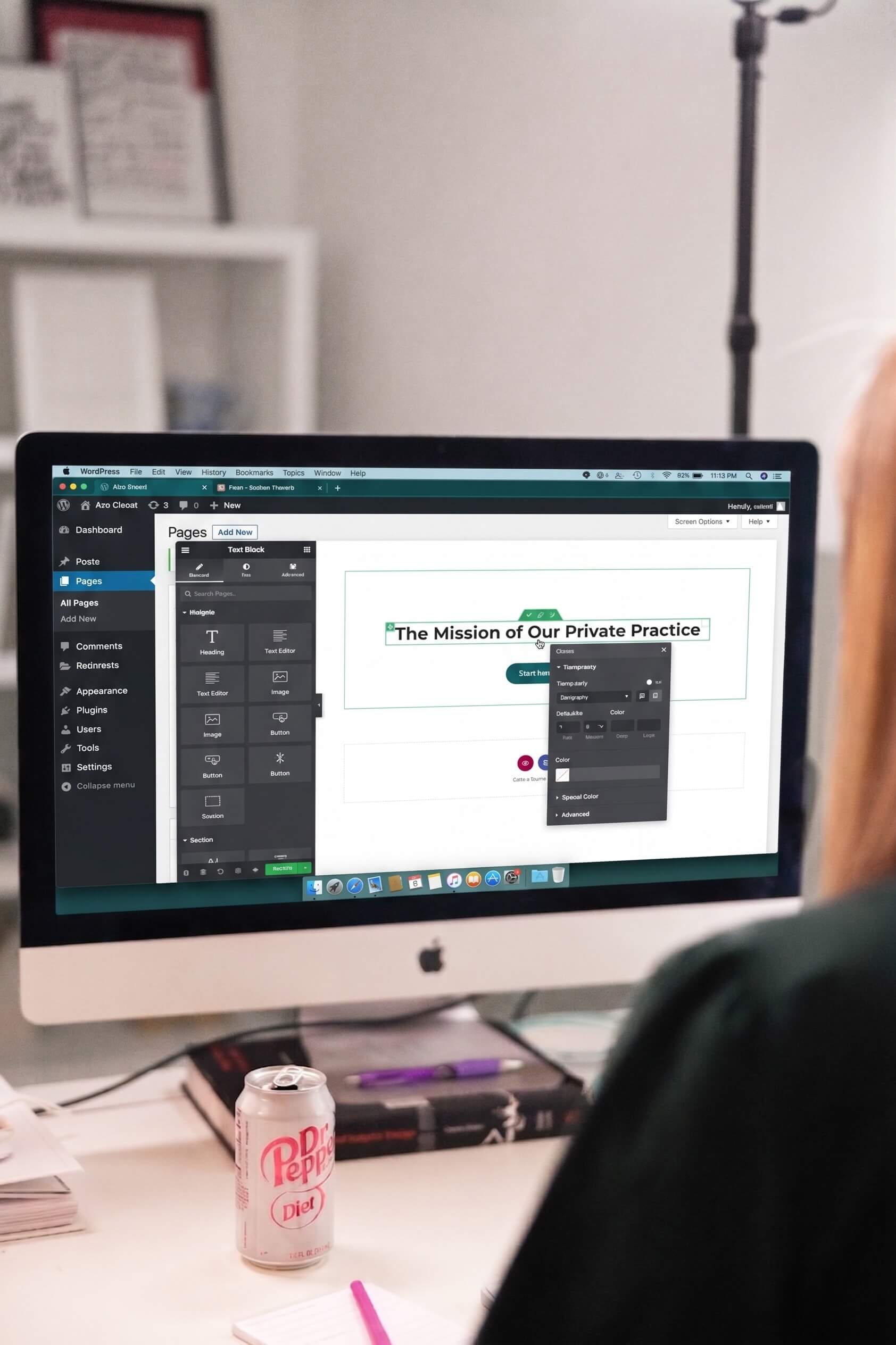 WordPress editor open to a private practice mission page during a health and wellness web design project